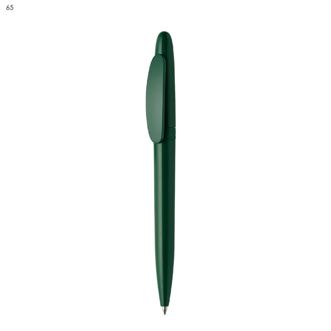 A green plastic pen with a clip and a smooth design, featuring a branding logo.