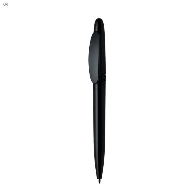 A black plastic pen featuring a smooth design and a branding logo.
