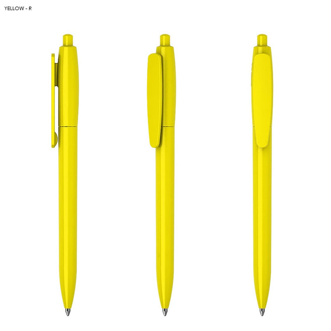A set of three yellow plastic pens with a streamlined design and clip for easy attachment. Each pen has a cap.
