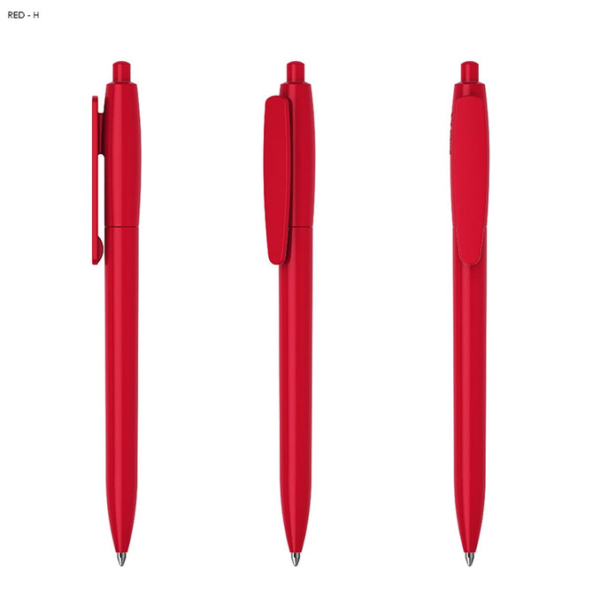 A set of three red plastic pens featuring a clip and a sleek design, with one showing the top, side, and front views.