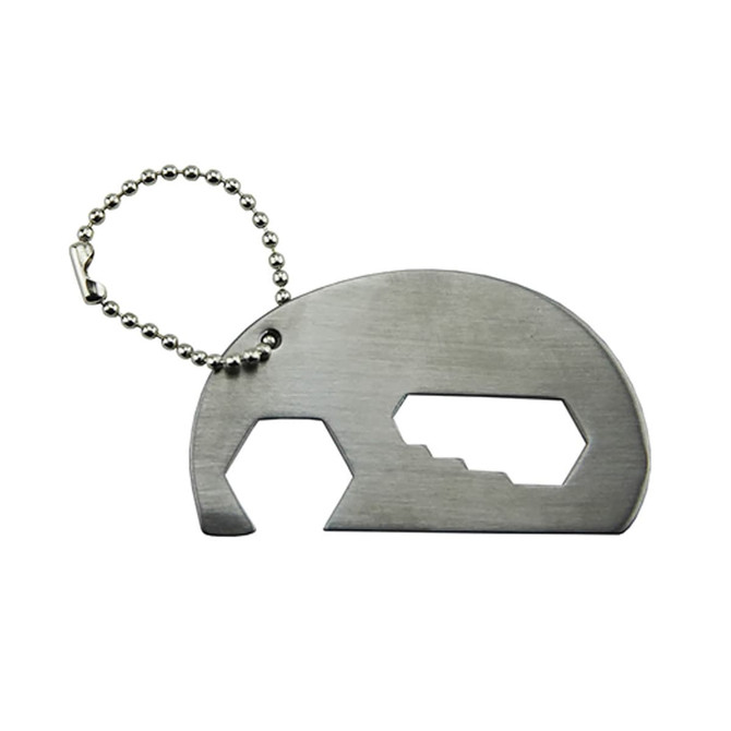 A drink bottle opener key ring shaped like an elephant, featuring a stainless steel finish and a ball chain attachment.