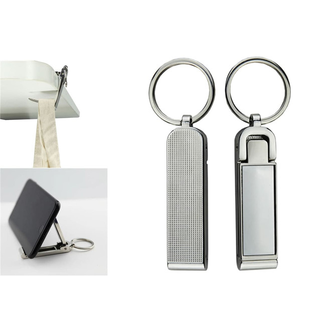 A mobile stand and hanger key ring in silver, featuring a sleek design with a keyring attachment and two functional sides.