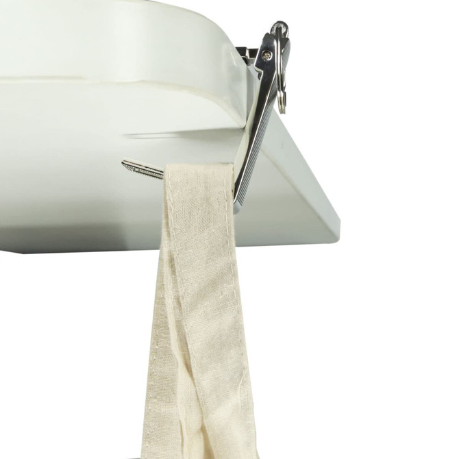A white mobile stand featuring a clip and a hanging strap. Ideal for securing items in place.