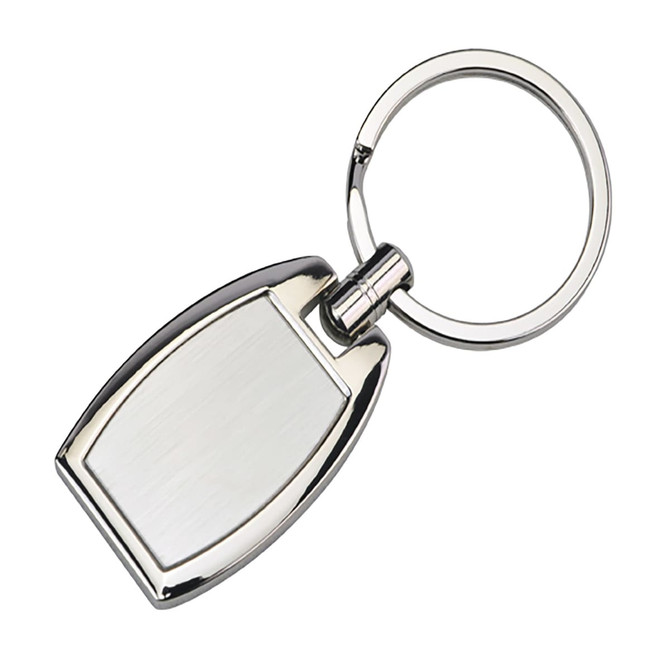 A silver oval key ring with a polished surface and a metal loop for attachment.