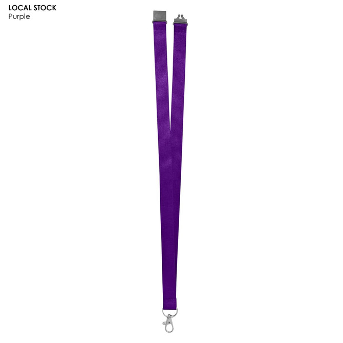 A purple polyester lanyard, 20mm wide, featuring a clip and an attached logo or branding.