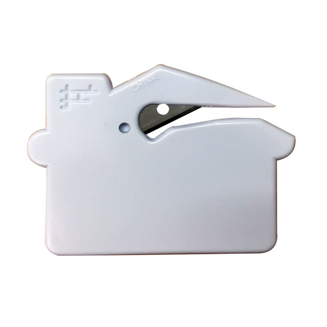 A white, house-shaped letter opener with a sharp blade and a logo visible on the surface.