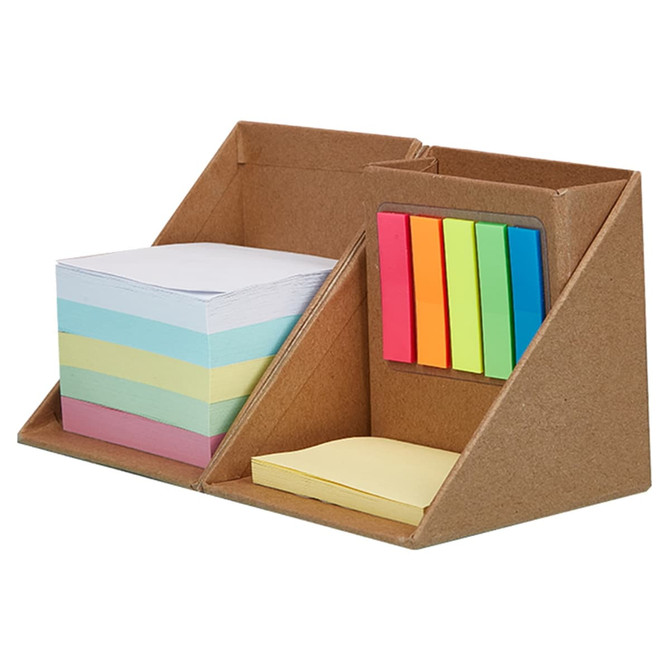 A brown memo holder with compartments for sticky notes, featuring pastel-coloured notes and bright sticky flags.