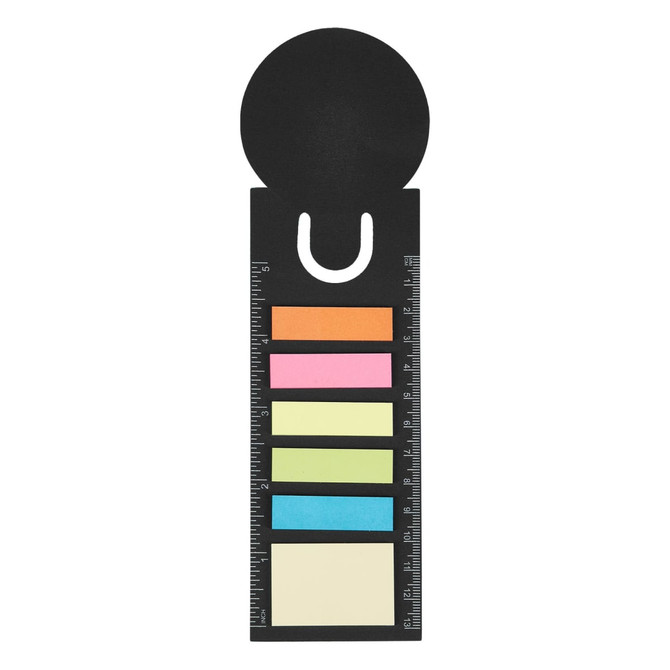 A black bookmark ruler with sticky note pads in orange, pink, green, yellow, and cream colours, featuring a logo.