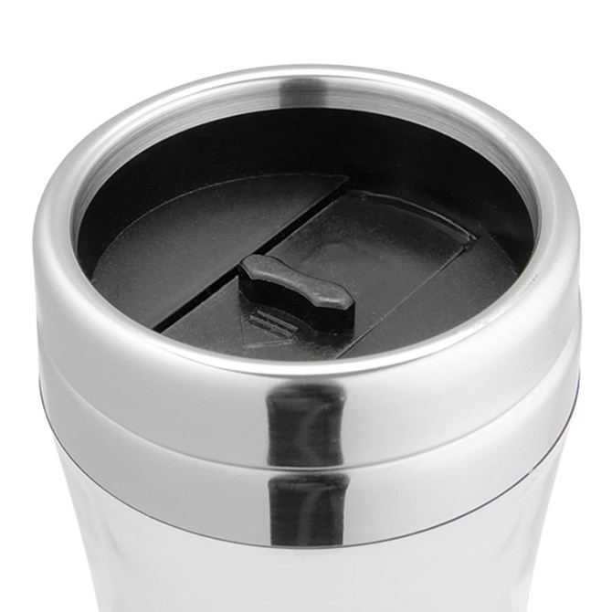 A travel mug with a polished silver exterior and a black flip-top lid. It features a logo on the front.