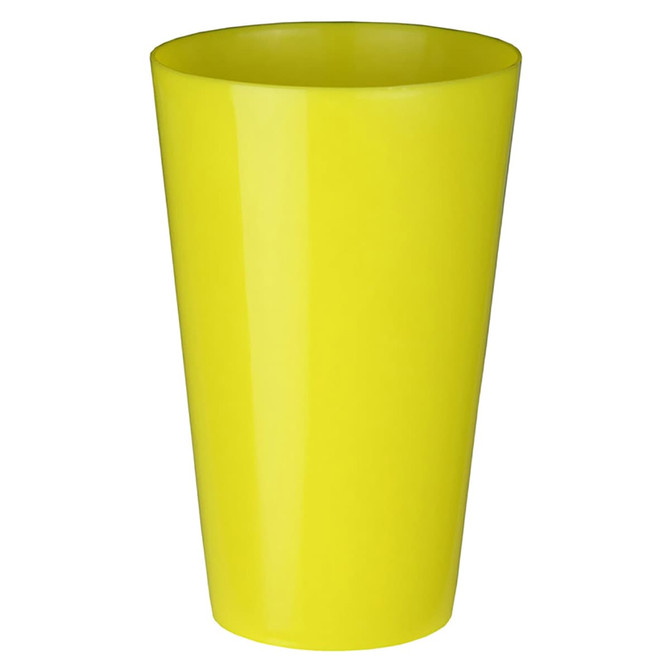 A yellow plastic cup with a tapered design and a glossy finish. The cup features a logo.