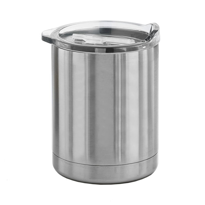 A stainless steel coffee mug with a clear lid, featuring a sleek, shiny design.