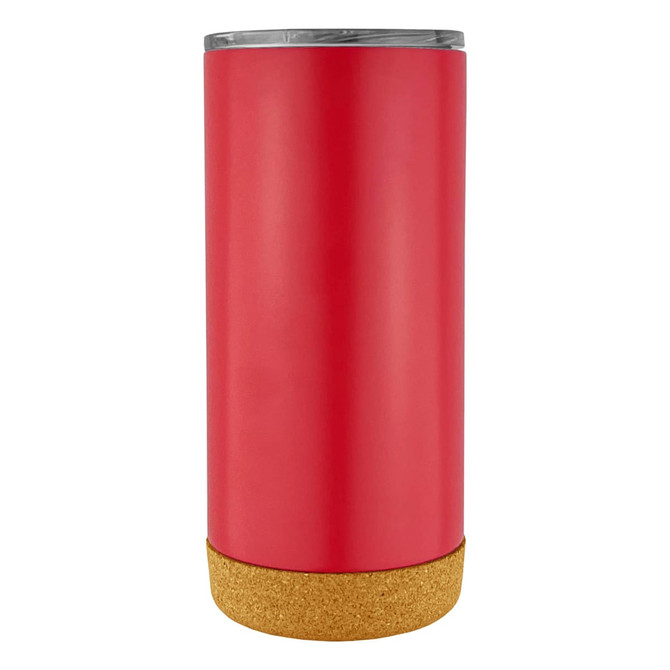 A travel mug featuring a red body with a cork base and a silver lid, displaying a logo.