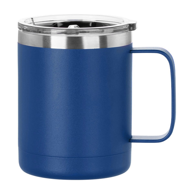 A travel mug in deep blue, featuring a stainless steel lid and a sturdy handle. It includes a branding logo.