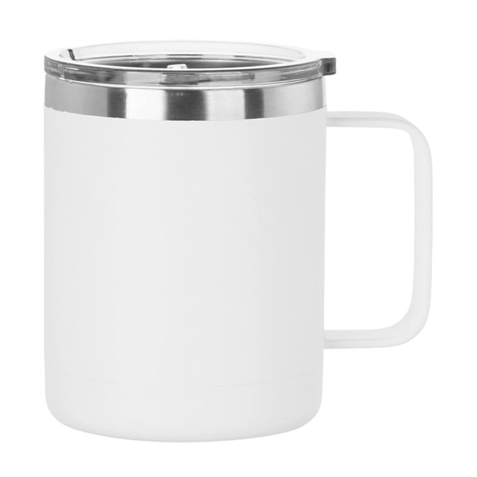 A travel mug in white with a stainless steel lid and a comfortable handle, featuring a sleek design and a logo.