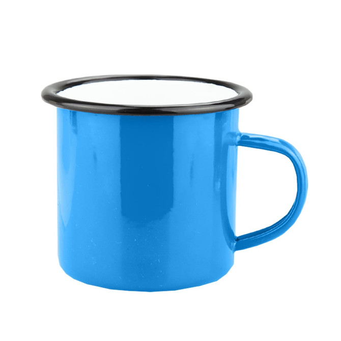 A blue enamel camper mug with a black rim and handle, featuring a smooth, shiny surface.