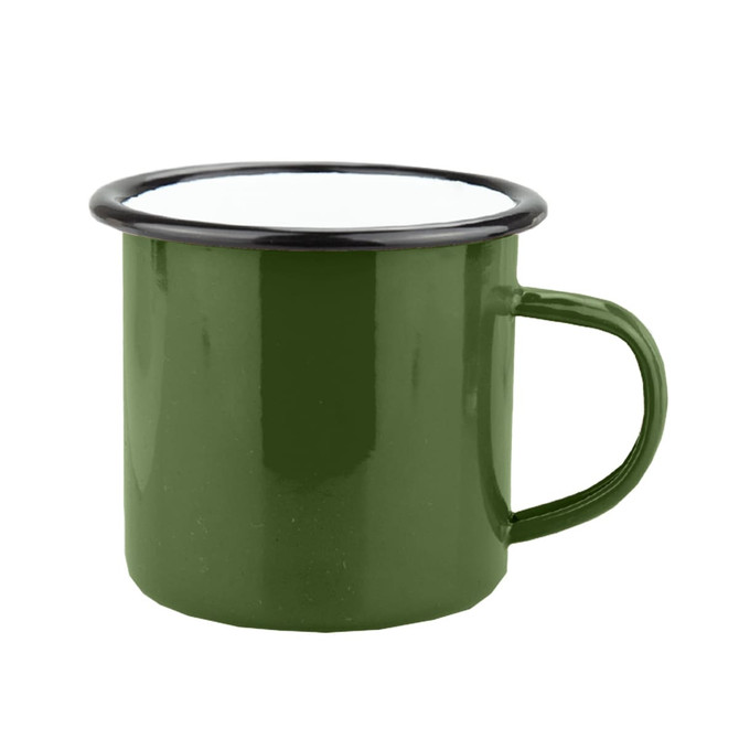 A green enamel camper mug with a black rim and a handle, featuring a simple design.