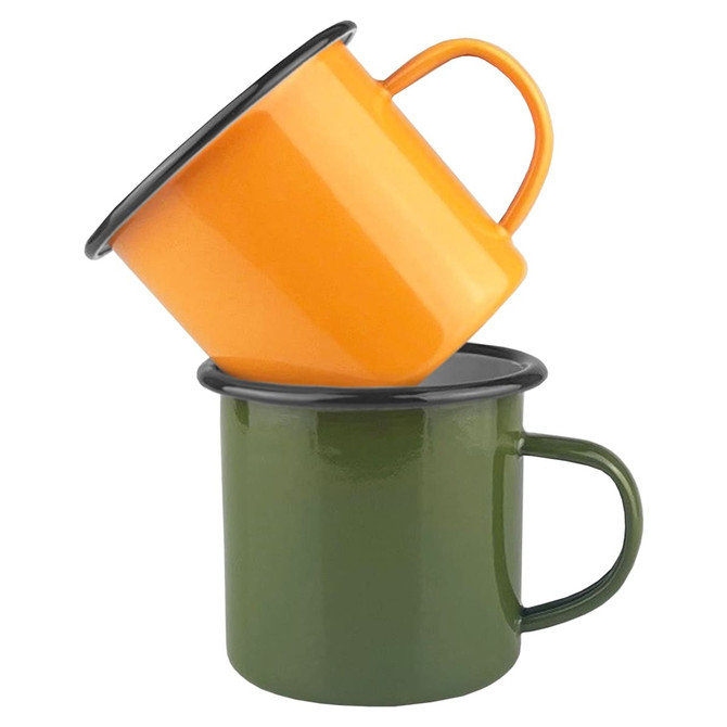 An orange enamel camper mug stacked on a green enamel camper mug, both featuring black rims and handles.