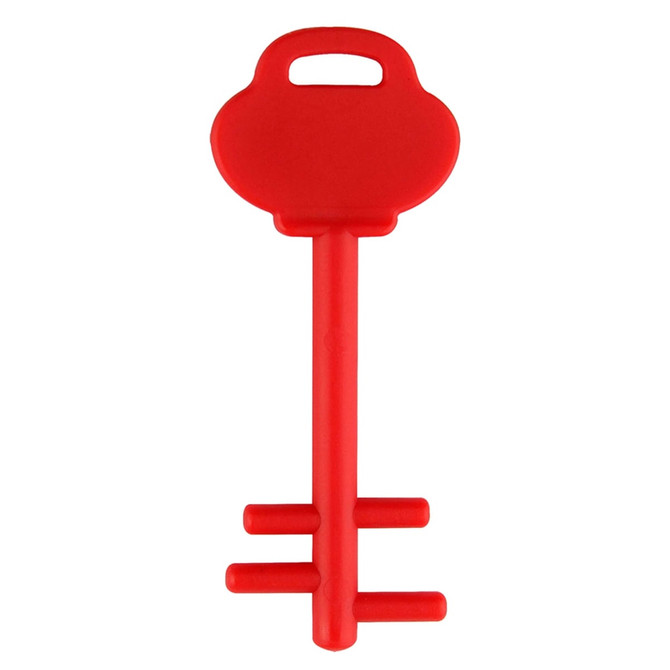 A red mobile key stand with a key shape and a handle on top, featuring three prongs at the base.