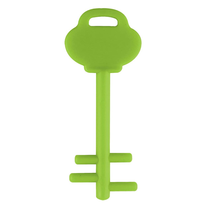 A bright green mobile key stand with a key shape and a handle for easy grip, featuring a branding logo.