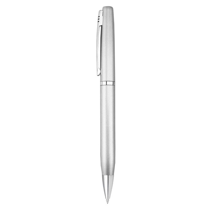 A metal pen in silver, showcasing a sleek and modern design, with a clip and pointed tip.