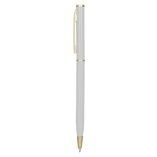 A metal pen in white with gold accents, featuring a clip and a sleek design. Includes branding on the pen.