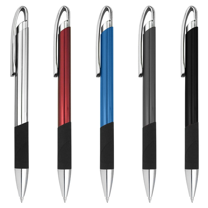 A collection of metal pens in silver, red, blue, black, and grey with rubber grips and clips. Each pen has a logo.