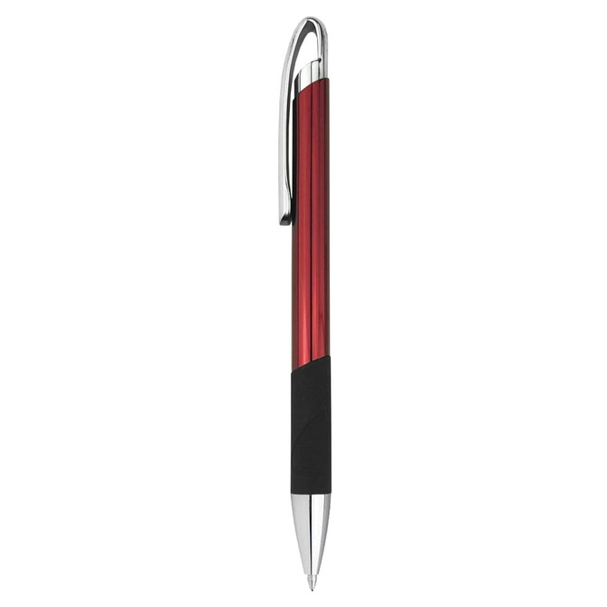 A metal pen with a glossy red body, black grip, and chrome accents. It features a clip and a sleek design.