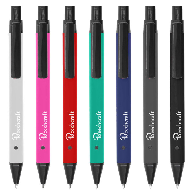 A selection of metal pens in white, pink, red, teal, navy, and black, featuring a brand logo on each.