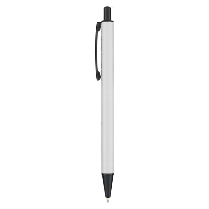 A metal pen in white with a black tip and cap, featuring a clip and branding.