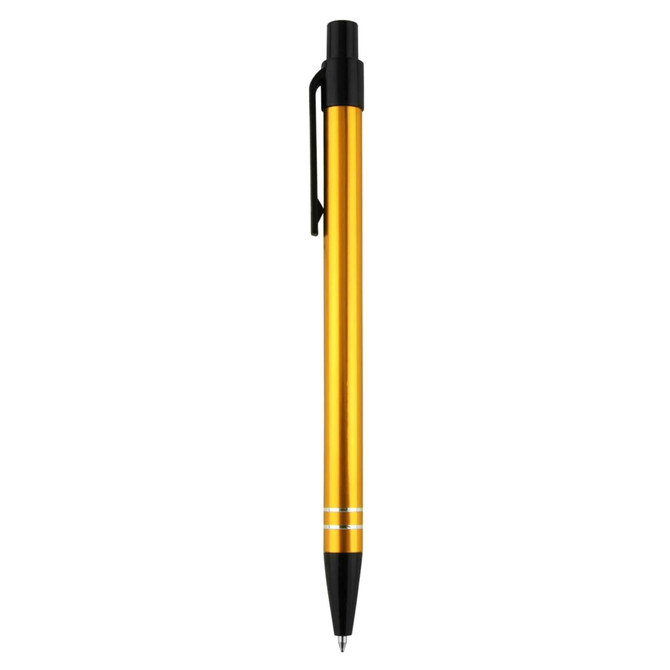 A metal pen in vibrant orange with a black clip and accents. The pen features a sleek design.