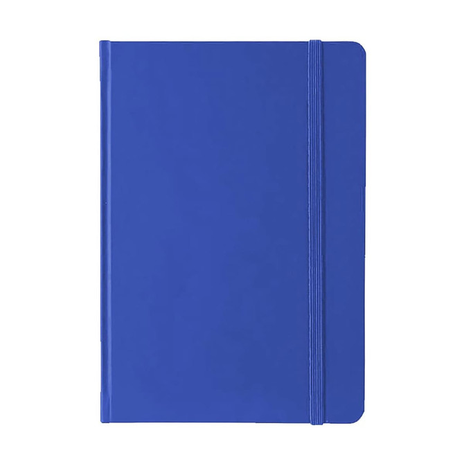 A5 PU notebook in vibrant blue with a flexible cover and an elastic closure, featuring a logo on the front.