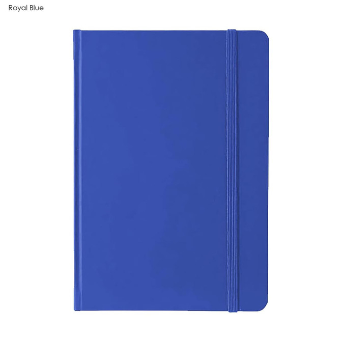 A5 PU notebook in royal blue with a smooth surface and an elastic band closure. Features a logo on the front.