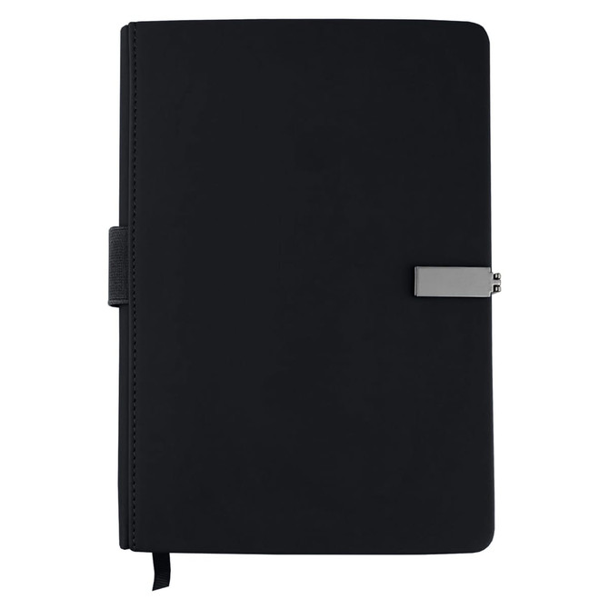 A black premium notebook with a sleek design, featuring a logo and an elastic closure band.