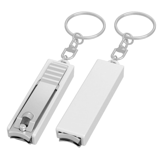 A white nail clipper key ring with a shiny silver clip, featuring a keyring attachment.