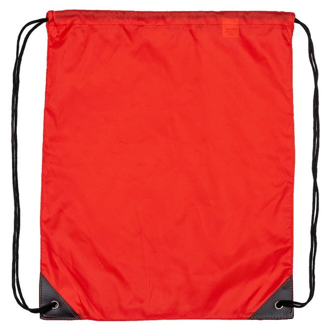A red nylon backsack with black corners and drawstring closures. It features a logo on the surface.