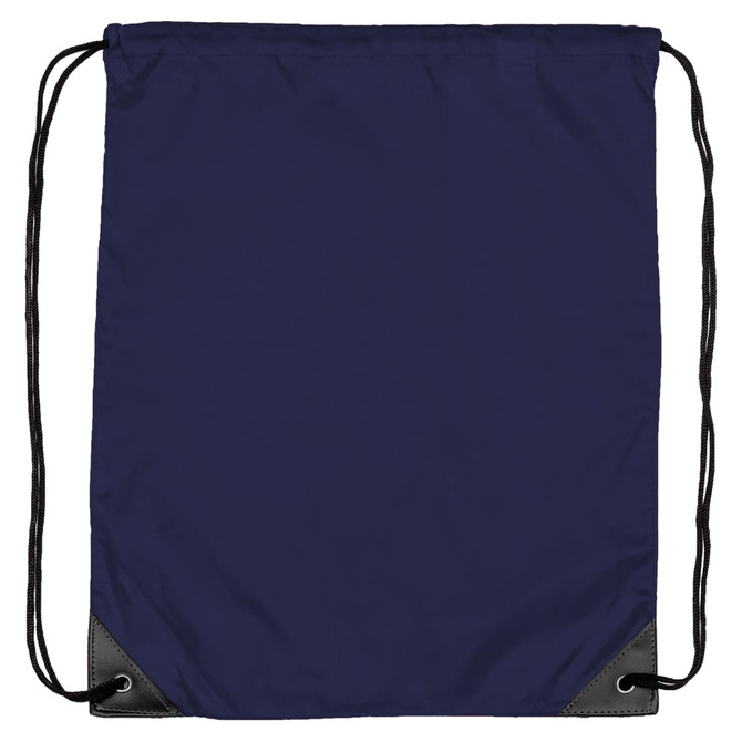 A navy nylon backsack with black corners and drawstring closures, featuring a simple design and a logo.