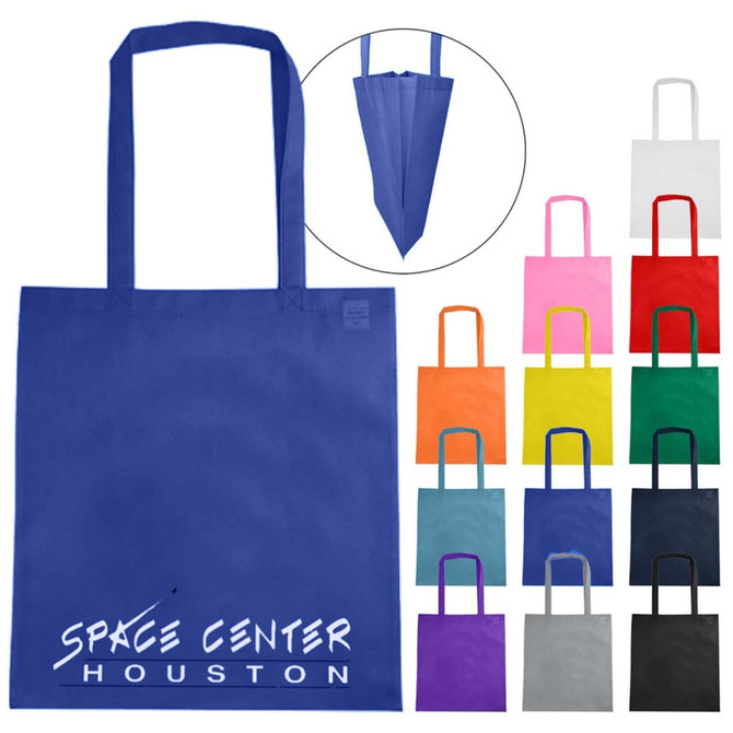 A blue non-woven tote bag with a gusset, featuring handles and a logo, surrounded by bags in various colours.