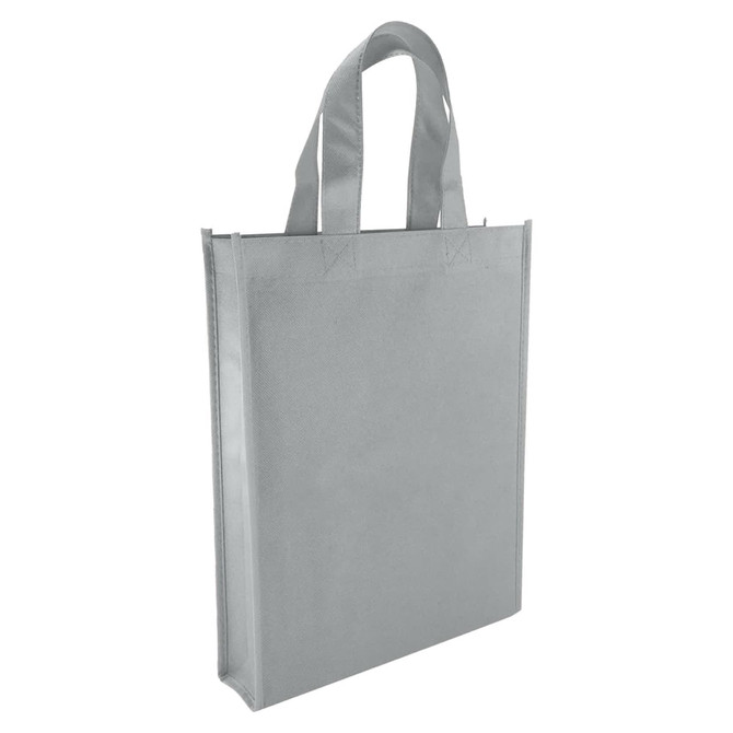A grey non-woven tote bag with two sturdy handles and a simple design. It features a logo but no text.