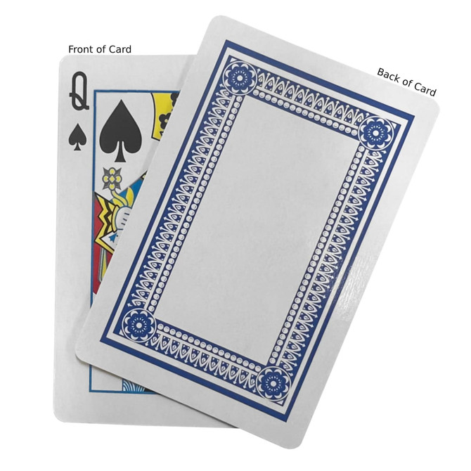 A playing card featuring a queen of spades design on one side and a blue patterned back on the other.