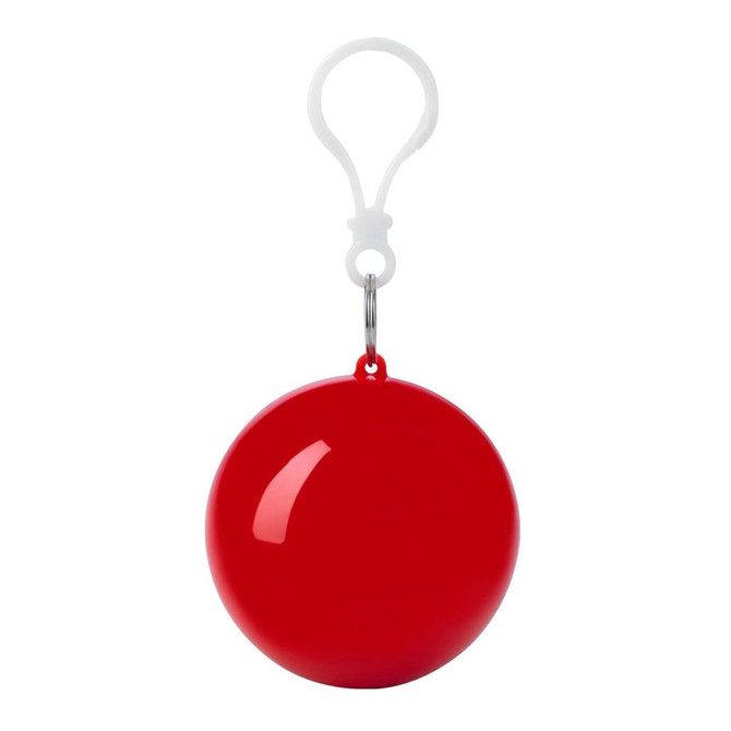A red spherical product with a keychain attachment. It has a glossy finish and a smooth surface.