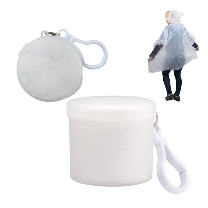 A clear poncho packed in a round container with a clip for easy carrying. Ideal for outdoor activities.