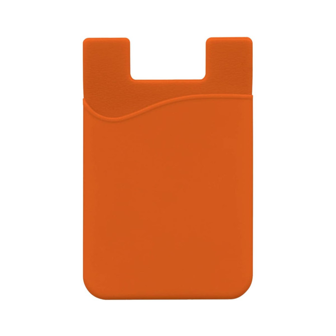 An orange mobile phone wallet with a smooth texture and a wave design along the edge. It has a placeholder for cards.