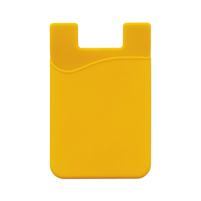 A yellow mobile phone wallet featuring a curved design and a slot for holding cards.