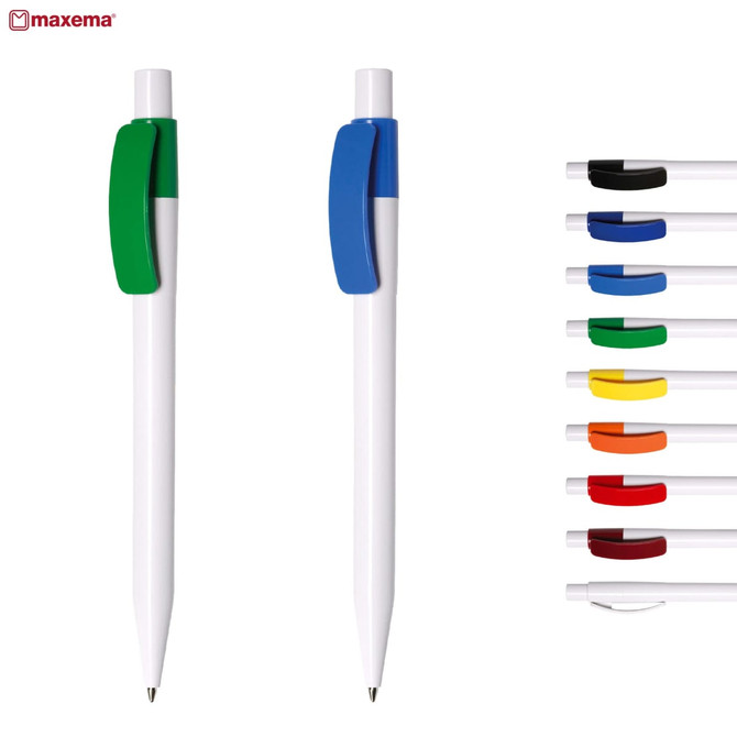 Two plastic pens featuring green and blue clips, alongside a range of pens in different colours. Each pen has a branding logo.
