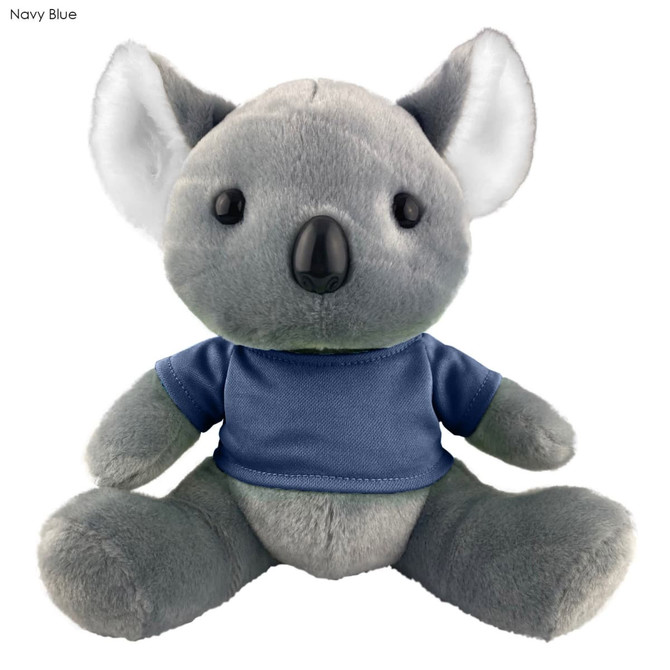 A grey koala plush toy wearing a navy blue shirt, with large ears and a round nose, featuring a logo on the shirt.