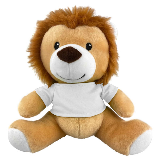 A plush lion toy with a soft, warm tan body and a friendly face, wearing a white t-shirt. It has a logo on the shirt.