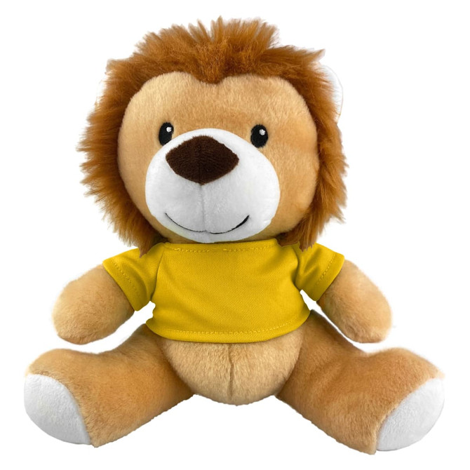 A plush lion toy with a friendly expression, featuring a yellow shirt and brown mane, in a seated position.