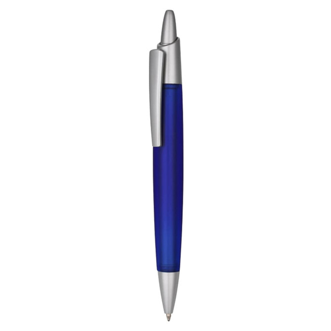 A plastic pen with a blue barrel and silver accents, featuring a clip and a logo.