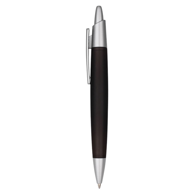 A plastic pen in black with silver accents, featuring a smooth design and a clip for easy attachment.