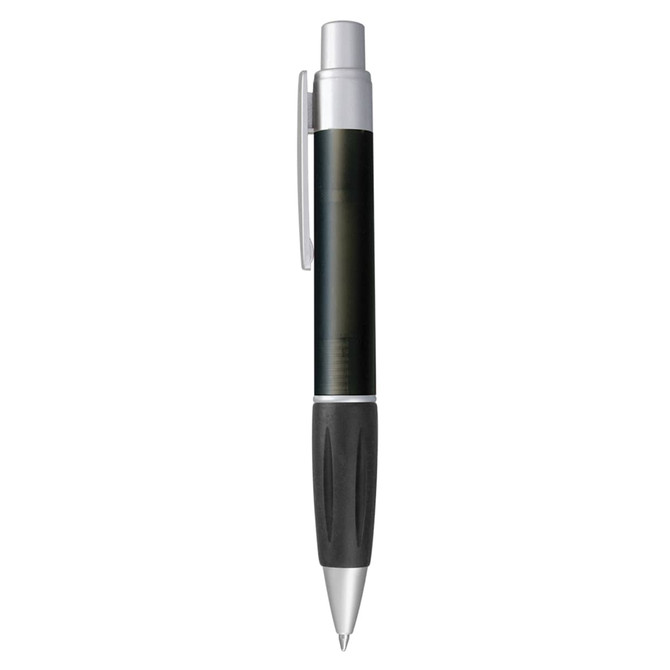 A plastic pen in black with a silver clip and a textured grip. The pen has a logo on it.